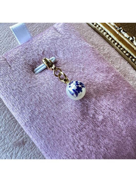 Handmade Jewelry - 18K PVD Gold White Glass Bead Charm With Blue Floral Print & Gold Lobster Clasp